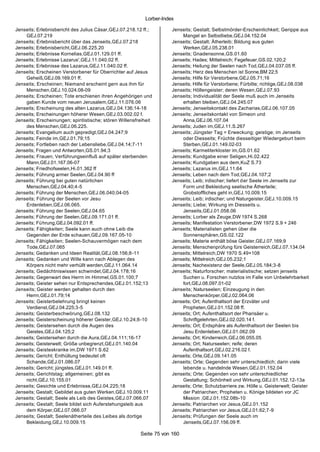 Lorber-Index

Jenseits; Erlebnisbericht des Julius Cäsar,GEJ.07.218.12 ff.;         Jenseits; Gestalt; Selbstmörder-Erscheinlichkeit; Gerippe aus
    GEJ.07.219                                                            Mangel an Selbstliebe,GEJ.04.152.04
Jenseits; Erlebnisbericht über das Jenseits,GEJ.07.218                Jenseits; Gestalt; Ätherleib; Bildung aus guten
Jenseits; Erlebnisbericht,GEJ.06.225.20                                   Werken,GEJ.05.238.01
Jenseits; Erlebnisse Kornelias,GEJ.01.129.01 ff.                      Jenseits; Gnadensonne,GS.01.60
Jenseits; Erlebnisse Lazarus',GEJ.11.040.02 ff.                       Jenseits; Hades; Mittelreich; Fegefeuer,GS.02.120;2
Jenseits; Erlebnisse des Lazarus,GEJ.11.040.02 ff.                    Jenseits; Heilung der Seelen nach Tod,GEJ.04.037.05 ff.
Jenseits; Erscheinen Verstorbener für Oberrichter auf Jesus           Jenseits; Herz des Menschen ist Sonne,BM 22;5
    Geheiß,GEJ.09.169.01 ff.                                          Jenseits; Hilfe für Verstorbene,GEJ.05.71;16
Jenseits; Erscheinen; Niemand erscheint gern aus ihm für              Jenseits; Hilfe für Verstorbene; Fürbitte; richtige,GEJ.08.038
    Menschen,GEJ.10.024.08-09                                         Jenseits; Höllengeister; deren Wesen,GEJ.07.93
Jenseits; Erscheinen; Tote erschienen ihren Angehörigen und           Jenseits; Individualität der Seele muß auch im Jenseits
    gaben Kunde vom neuen Jerusalem,GEJ.11.076.06                         erhalten bleiben,GEJ.04.245.07
Jenseits; Erscheinung des alten Lazarus,GEJ.04.136;14-18              Jenseits; Jenseitskontakt des Zacharias,GEJ.06.107.05
Jenseits; Erscheinungen höherer Wesen,GEJ.03.002.02 f.                Jenseits; Jenseitskontakt von Simeon und
Jenseits; Erscheinungen; spiritistische; stören Willensfreiheit           Anna,GEJ.06.107.04
    des Menschen,GEJ.06.225.                                          Jenseits; Juden im,GEJ.11.S.267
Jenseits; Evangelium auch gepredigt,GEJ.04.247;9                      Jenseits; Jüngster Tag = Erweckung; geistige; im Jenseits
Jenseits; Feinde im,GEJ.01.79;15                                          oder Diesseits; Früchte diesseitiger Wiedergeburt beim
Jenseits; Fortleben nach der Lebensliebe,GEJ.04.14;7-11                   Sterben,GEJ.01.149.02-03
Jenseits; Fragen und Antworten,GS.01.94;3                             Jenseits; Karmeliterkloster im,GS.01.62
Jenseits; Frauen; Verführungseinfluß auf später sterbenden            Jenseits; Kundgabe einer Seligen,Hi.02.422
    Mann,GEJ.01.167.06-07                                             Jenseits; Kundgaben aus dem,KuZ S.73
Jenseits; Friedhofseelen,Hi.01.362 ff                                 Jenseits; Lazarus im,GEJ.11.64
Jenseits; Führung armer Seelen,GEJ.04.90 ff                           Jenseits; Leben nach dem Tod,GEJ.04.107;2
Jenseits; Führung bei guten natürlichen                               Jenseits; Leib; irdischer; liefert der Seele im Jenseits zur
    Menschen,GEJ.04.40;4-5                                                Form und Bekleidung seelische Ätherteile;
Jenseits; Führung der Menschen,GEJ.06.040;04-05                           Grobstoffliches geht in,GEJ.10.009.15
Jenseits; Führung der Seelen vor Jesu                                 Jenseits; Leib; irdischer; und Naturgeister,GEJ.10.009.15
    Erdenleben,GEJ.06.065.                                            Jenseits; Liebe; Wirkung im Diesseits u.
Jenseits; Führung der Seelen,GEJ.04.65                                    Jenseits,GEJ.01.058.06
Jenseits; Führung der Seelen,GEJ.09.171.01 ff.                        Jenseits; Lorber als Zeuge,DW 1974 S.268
Jenseits; Führung,GEJ.04.092.01 ff.                                   Jenseits; Manifestation Verstorbener,DW 1972 S.9 + 246
Jenseits; Fähigkeiten; Seele kann auch ohne Leib die                  Jenseits; Materialisten gehen über die
    Gegenden der Erde schauen,GEJ.09.167.05-10                            Sonnensphären,GS.02.122
Jenseits; Fähigkeiten; Seelen-Schauvermögen nach dem                  Jenseits; Materie enthält böse Geister,GEJ.07.169;9
    Tode,GEJ.07.065                                                   Jenseits; Menschenprüfung fürs Geisterreich,GEJ.07.134.04
Jenseits; Gedanken und Ideen Realität,GEJ.08.156;8-11                 Jenseits; Mittelreich,DW 1970 S.49+108
Jenseits; Gedanken und Wille kann nach Ablegen des                    Jenseits; Mittelreich,GEJ.05.232;1
    Körpers nicht mehr verhüllt werden,GEJ.11.064.14                  Jenseits; Nachexistenz der Seele,GEJ.05.184;3-8
Jenseits; Gedächtniswissen schwindet,GEJ.04.178;16                    Jenseits; Naturforscher; materialistische; setzen jenseits
Jenseits; Gegenwart des Herrn im Himmel,GS.01.100;7                       Suchen u. Forschen nutzlos im Falle von Unbelehrbarkeit
Jenseits; Geister sehen nur Entsprechendes,GEJ.01.152;13                  fort,GEJ.08.097.01-02
Jenseits; Geister werden gehalten durch den                           Jenseits; Naturseelen; Einzeugung in den
    Herrn,GEJ.01.79;14                                                    Menschenkörper,GEJ.02.064.06
Jenseits; Geisterbelehrung bringt keinen                              Jenseits; Ort; Aufenthaltsort der Erzväter und
    Verdienst,GEJ.04.225;3-5                                              Propheten,GEJ.01.152.08 ff.
Jenseits; Geisterbeschwörung,GEJ.08.132                               Jenseits; Ort; Aufenthaltsort der Pharisäer u.
Jenseits; Geisterscheinung höherer Geister,GEJ.10.24;8-10                 Schriftgelehrten,GEJ.02.020.14 f.
Jenseits; Geistersehen durch die Augen des                            Jenseits; Ort; Erdsphäre als Aufenthaltsort der Seelen bis
    Geistes,GEJ.04.125;2                                                  Jesu Erdenleben,GEJ.01.062.09
Jenseits; Geistersehen durch die Aura,GEJ.04.111;16-17                Jenseits; Ort; Kinderreich,GEJ.06.055.05
Jenseits; Geisterwelt; Größe unbegrenzt,GEJ.01.140.04                 Jenseits; Ort; Naturseelen; reife; deren
Jenseits; Geisteskranke im,DW 1971 S.62                                   Aufenthaltsort,GEJ.02.216.02 f.
Jenseits; Gericht; Enthüllung bedeutet oft                            Jenseits; Orte,GEJ.09.141.05
    Schande,GEJ.01.086.07                                             Jenseits; Orte; Gegenden sehr unterschiedlich; darin viele
Jenseits; Gericht; jüngstes,GEJ.01.149.01 ff.                             lebende u. handelnde Wesen,GEJ.01.152.04
Jenseits; Gerichtstag; allgemeinen; gibt es                           Jenseits; Orte; Gegenden von sehr unterschiedlicher
    nicht,GEJ.10.155.01                                                   Gestaltung; Schönheit und Wirkung,GEJ.01.152.12-13a
Jenseits; Gesichte und Erlebnisse,GEJ.04.225;18                       Jenseits; Orte; Schutzbarriere zw. Hölle u. Geisterwelt; Geister
Jenseits; Gestalt; Gebildet aus guten Werken,GEJ.10.009.11                der Patriarchen; Propheten u. Könige bildeten vor JC
Jenseits; Gestalt; Seele als Leib des Geistes,GEJ.07.066.07               Mission ,GEJ.01.152.08b-10
Jenseits; Gestalt; Seele bildet sich Auferstehungsleib aus            Jenseits; Patriarchen vor Jesus,GEJ.01.152
    dem Körper,GEJ.07.066.07                                          Jenseits; Patriarchen vor Jesus,GEJ.01.62;7-9
Jenseits; Gestalt; Seelenätherteile des Leibes als dortige            Jenseits; Prüfungen der Seele auch im
    Bekleidung,GEJ.10.009.15                                              Jenseits,GEJ.07.156.09 ff.

                                                         Seite 75 von 160
 