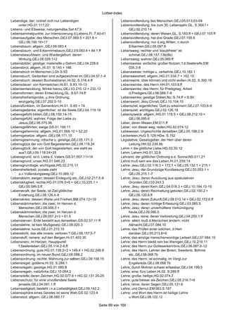 Lorber-Index

Lebendige; der; ordnet sich nur Lebendigen                        Lebensvollendung des Menschen,GEJ.05.013;03-04
    unter,HG.01.117;22                                            Lebensvollendung; bis zum 30. Lebensjahr,GL. S.364.f +
Lebens - und Eßweise; naturgemäße,Sat 47;9                             GEJ.02.210.14
Lebensammelpunkte; zur Intensivierung d.Lebens,Fl. 7;40-41        Lebensvollendung; deren Wesen,GL. S.183.ff + GEJ.07.103.ff
Lebensaufgabe; des Menschen,GEJ.07.069.5 + 201.6 +                Lebensvollendung; hat drei Grade,GEJ.07.155.6
    GEJ.06.190.16+17                                              Lebensvollendung; nur d.eig.Willen; n.durch
Lebensbaum; allgem.,GEJ.09.083.4                                       Erbarmen,GEJ.05.097.6
Lebensbaum; und Erkenntnisbaum,GEJ.0 9.083.4 + 84.1.ff            Lebensweg; rechter und 'staubfreier' ist
Lebensbewußtsein; und Wiedergeburt; deren                              schmal,GEJ.08.157.13b(8b)
    Wirkung,GEJ.08.029.1+2                                        Lebensweg; wahrer,GEJ.05.069.ff
Lebensbilder; geistige; materielle u.Gehirn,GEJ.04.228.6          Lebensweise; einfache; großer Nutzen; f.d.Seelereife,EM
Lebensbrot; allgem.,Hi.01. S.145 + 186                                 035.3-8
Lebensbuch im Menschen,LGh S.93                                   Lebensweise; richtige u. verkehrte,GEJ.10.182.1
Lebensbuch; Gedanken sind aufgezeichnet im,GEJ.04.57;1-4          Lebensweisheit; allgem.,HG.01.034.7 + 162.10
Lebensbuch; dessen Buchstabieren,Hi.02. S.316.4.ff                Lebenswink; über können und nicht wollen,Hi.02. S.300.16
Lebensdauer; von Kernteilchen,Hi.01. S.83.10-13                   Lebenswinke; des Herrn,HH.01.103.8.ff
Lebensentwicklung; Winke hierzu,GEJ.03.210.12 + 232.13            Lebenswinke; des Herrn; für Predigttag; Arbeit
Lebensformen; deren Entwicklung,GL. S.67-74.ff                         d.Predigers,GEJ.08.089.7-9
Lebensfreiheitsprobe; u.ihre Ordnung;                             Lebenswinke; geistige Diäten,Nz. S.74.ff + S.80
    einzigartig,GEJ.07.202.5-10                                   Lebenswort; Jesu Christi,GEJ.10.104.10
Lebensfünklein; im Samenkorn,Hi.01. S.65 + 74                     Lebensziel; eigentliches: Gott zu erkennen!,GEJ.07.103.6-6
Lebensgedanke; eigentlicher; ist die Seele,GEJ.04.119.14          Lebensziel; wichtiges,GEJ.02.126.18
Lebensgefühl bilden,GEJ.08.150;14-15                              Lebenszweck; allgem.,HG.01.118.5 + GEJ.08.212.10 +
Lebensgefühl; wahres; Folge der Liebe zu                               GEJ.06.095.6
    Jesus,GEJ.06.075.9b                                           Leber; deren Wesen,EM.011.ff
Lebensgefährten; ewige,GS.01.100.11                               Leber; von dieser weg; reden,HG.02.074.12
Lebensgeheimnis; allgem.,HG.01.068.10 + 52.20                     Lebewesen; Urgeschichte derselben,GEJ.05.198;2-9
Lebensgesetze; allgem.,GEJ.08.171.10                              Leckereien,HuG S.129;HDw. S.152
Lebensgewinnung; irdische u. geistige,GEJ.05.171.3                Legislative; Gesetzgeber; der Herr über deren
Lebensglück der von Gott Begeisterten,GEJ.09.118;24                    Leitung,HH.02.234.9b
Lebensglück; der von Gott begeisterten; wie sieht es              Lehm = die göttliche Liebe,HG.03.30;12
    aus?,GEJ.09.118.24+25                                         Lehm; Lehem,HG.01.32;8
Lebensgrund; ist d. Liebe d. Vaters,GS.01.007.11+14               Lehramt; der göttlicher Ordnung a.d. Sonne,NS.011.21
Lebensgrund; unser,HG.01.046.23                                   Lehre muß sein wie das Leben,Hi.01.259;14
Lebensgrundlage; wichtigste,HG.02.215.11                          Lehre; Jesu,GEJ.02.116.3 + 172.1 + GEJ.05.132.1 + 215.1
Lebensheiterkeit; zuviele zieht                                   Lehre; Jesu; der.Grundzüge Kurzfassung,GEJ.03.053.1 +
    a.v.Vollendungsweg,GEJ.10.069.12                                   GEJ.05.215.1-7
Lebenskeim; ewiger; dessen Einlegung etc.,GEJ.02.217.5 -8         Lehre; Jesu; deren Ausübung aus spekulativen
Lebensklugheit; rechte,HG.01.076.5+6 + GEJ.10.225.1 +                  Gründen,GEJ.03.243.3
    GEJ.05.049.5.ff                                               Lehre; Jesu; deren Kern,GEJ.04.018.3 + GEJ.10.194.12-15
Lebenskraft; der Seele; ist Ziel göttlicher                       Lehre; Jesu; deren Reinhaltung geboten,GEJ.02.150.2 +
    Erziehung,GEJ.08.126.4-8                                           GEJ.05.120.6.ff
Lebenskreis; dessen Weite und Freiheit,BM.074.12+19               Lehre; Jesu; deren Zukunft,GEJ.08.013.14 + GEJ.02.172.6.ff
Lebenskämmerlein; die zwei; im Herzen d.                          Lehre; Jesu; deren richtige Erfassung,GEJ.03.065.5
    Menschen,GEJ.08.056.5 +                                       Lehre; Jesu; deren unverhülltere Verkündigung
Lebenskämmerlein; die zwei; im Herzen d.                               heute,GEJ.09.090.5
    Menschen,GEJ.08.057.2+3 + 61.5                                Lehre; Jesu; reine; deren Verbreitung,GEJ.04.250.1.ff
Lebenslarven; Erde besteht aus denselben,GS.02.57;11 ff           Lehre; allein muß d.Menschen ändern; nicht
Lebenslehre; ist kein Mußgesetz,GEJ.08.020.3                           Allmacht,GEJ.07.084.10
Lebenslehre; kurze,GEJ.01.210.10                                  Lehre; das Prüfen einer solchen; d.Herr
Lebenslicht; das alte innere; verloren ?,GEJ.09.157.5-7                darüber,GEJ.05.213.8+9
Lebensluft; reinere; auf den Bergen,Hi.01.403;35                  Lehre; das einzige menschenwürdige Leitseil,GEJ.07.084.10
Lebensnerv; im Herzen; Hauptpunkt                                 Lehre; des Herrn bleibt rein bei Wenigen,GEJ.10.219.11
    f.Seelenleben,GEJ.05.114.2-6.ff                               Lehre; des Herrn zur Gotteserkenntnis,GEJ.06.087.9-12
Lebensordnung; gute,HG.01.138.2+3 + 149.4 + HG.02.248.9           Lehre; des Herrn; Lehren der Boten; Swedenb. Böhme
Lebensordnung; im neuen Bund,GEJ.08.088.2                              etc.,GEJ.08.068.7b
Lebensordnung; rechte; Mahnung zur selben,GEJ.09.158.15           Lehre; des Herrn; ist einmalig; im Vergl.zur
Lebensregel; goldene,Hi.02. S.289.1                                    Engelsrede,GEJ.08.068.7b
Lebensregeln; geistige,HG.01.080.8                                Lehre; durch Mohren schwer erfassbar,GEJ.04.199;5
Lebensregeln; natürliche,GEJ.10.054.2                             Lehre; eine; fürs Leben,Hi.02. S.289.ff
Lebensreife; deren Zeichen,HG.02.077.6 + HG.02.131.20-25          Lehre; große; heilige,HG.02.074.7
Lebensschutz; für eine unvollendete Seele                         Lehre; gute besser als Zeichen,GEJ.05.216.7+8
    jenseits,GEJ.04.091.1.ff                                      Lehre; reine; deren Segen,GEJ.05.131.6
Lebensseligkeit; besteht i.n.e.Liebetätigkeit,GEJ.09.142.2        Lehre; und Demut,EM 063.S.187
Lebenssphäre eines Geistes ist seine Welt,GS.02.123;4             Lehre; und Wort des Herrn ist heilige Lehre
Lebenstod; allgem.,GEJ.08.080.17                                       u.Wort,GEJ.08.122.12

                                                     Seite 89 von 160
 