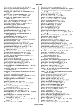 Lorber-Index

Mann; nach dem Herzen Gottes,HG.02. 38.6 + 231.8                     Marienkult; römischer; vorausgesagt,JJ.197.18
Mann; und Weib i. Rahmen d. göttl. Ordnung,Hi.02. S.114.ff           Marienverehrung; Gott benötigt kein Vermittler,Hi.01.385;42-45
Mann; und Weib in der Ehe,Hi.01. S.45.ff                             Marktwirtschaft; und Wettbewrrb in d.Neuoffenbarung,EM
Mann; und Weib; Oben u.Unten; wie zu verstehen?,HG.03.                    65.2+3
     30.8-9                                                          Markus als Schreiber,GEJ.01.89;5+13
Mann; und Weib; Verhältnis derselben,HG.01.037.1                     Markus der Evangelist,DW 1971 S.196
Mann; und Weib; Weisheit und Liebe,GS.01.100.9                       Markus ist ein Sohn von Petrus,GEJ.01.89;5
Mann; und Weib; dessen Wesen,Hi.02S.191.ff +                         Markus und Lukas sind wertvoll,GEJ.02.174;16
     GEJ.01.166.7.ff                                                 Markus war ein Sohn des Petrus,GEJ.10.160 ff
Manna = das lebendige Wort des Herrn,HG.01.96;10                     Markus; Schüler von Paulus,GEJ.11.S.247
Manna; Israels in der Wüste,GEJ.09.190.8                             Markus; Sohn des Petrus,GEJ.10.161;05+09
Manna; des Himmels,HG.02.93.14 + GEJ.09.190+191                      Markus; der Evangelist,DW 1971 S.196
Mannasegen; i.d.Wüste; w.w.er? geistig                               Mars ist kein Kriegsstern,GEJ.09.139
     u.materiell,GEJ.09.191.3-9                                      Mars; der Kriegsgott,GEJ.03.102;19
Mannes Vollkommenheit durchs Weib,BM 202;3-4                         Mars; über denselben,GEJ.09.139
Mannessphäre; ist beschaffen wie?,HG.03. 27.6                        Marsmonde,DW 11+12/77 S. 300
Maria Magdalena = die röm.-kath. Kirche,Hi.01.252;5                  Marter; große; deren seelische Wirkung,GEJ.02.01.6
Maria Magdalena beim Herrn,GEJ.08.052                                Martha; und Maria; das Wesen ihres Seins,GS.02.101.20-23 +
Maria Magdalena bringt Agrikola in die Herberge am                        102.14
     Ölberg,GEJ.06.181 ff                                            Martha; und Maria; eine Entsprechung,Hi.02. S.83.ff + 62.1
Maria Magdalena ist eine Hure,GEJ.06.185;11                          Marthasorge; allgem.,Hi.02.S.183.3
Maria Magdalena liebt Jesus,Hi.01.255;9-12                           Maske; und Klugheit,JJ.202.9
Maria Magdalena salbt den Herrn in Bethanien ,GEJ.08.080             Mastochsen; Gleichnis vom,GEJ.01.219;3-10
Maria Magdalena,DW S. 176/76                                         Materialisation des Erzengel Raphael,GEJ.07.15;1-4
Maria Magdalena; Dank der Römer,GEJ.08.050                           Materialisationen; ihre Erklärung,GEJ.07. 15.ff
Maria Magdalena; Rühre mich nicht an!,GEJ.11.S.299 ff                Materialismus; Entstehung desselben,GEJ.09.55.4 + 83.5
Maria Magdalena; Rühre mich nicht an!,Hi.01.251 ff                   Materialismus; Grund der Todesfurcht,GEJ.02.210;11-13
Maria Magdalena; als Königin der Huren,GEJ.01.146;12                 Materialismus; Sünde des,GEJ.05.70;07
Maria Magdalena; deren Besessenheit und                              Materialismus; Winke darüber,GEJ.02.203.5 + GEJ.03. 11.4 +
     Heilung,GEJ.06.185                                                   12.6
Maria Magdalena; deren Leben und Herkunft,GEJ.08.045                 Materialismus; und sein bitteres Ende,HH.01. 33.3
Maria Magdalena; rühre Mich nicht an,Hi.01.251 ff                    Materialist; Tod desselben,GEJ.02.216;05
Maria Magdalena; stellt die Kirche dar,GEJ.11.S.298                  Materialisten gehen jenseits durch die sieben
Maria lehrt gesunde Speisezubereitung,GEJ.09.151;11                       Sonnensphären,GS.02.122
Maria und Martha,Hi.02.62                                            Materialisten gehen jenseits über die
Maria; Himmelskönigin,JJ.254.21                                           Sonnensphären,GS.02.122
Maria; Jesu Mutter ist traurig über ihre Verehrung,Hi.01.14          Materialisten; Weg zur Rettung derselben,GEJ.09.182
Maria; Jesu Mutter; nicht anbeten,GEJ.09.130;08                      Materialisten; deren Jenseitsweg,GEJ.05.071
Maria; Jesu Mutter; will keine Ehre,GEJ.09.195;27                    Materialisten; deren Weltverstand,GEJ.03.196;08
Maria; bezüglich der Kirche,JJ.169+197                               Materialisten; dessen Wesen,Hi.02.97;3 ff
Maria; d.Geiste nach u.d.Seele a.der Pura,HG.02.114.14+23            Materialisten; dicke Inkarnation,GEJ.03.011
     +123.20                                                         Materie = Haus des Todes,HG.01.41;24
Maria; dem Fleische nach aus Ghemela,HG.01.185.16 +                  Materie = der durch des Herrn Barmliebe gesänftete
     HG.02.123.19+20                                                      Zorngrimm,Hi.01.112;15
Maria; deren Demut angesichts v.Ehrungen,GEJ.09.132.3m +             Materie = der durch die Erbarmung gesänftete Zornteil der
     195.27                                                               Gottheit,HG.01.5;32
Maria; deren geistige Schönheit,JJ.254.15                            Materie als Ausdruck zweier Kräfte,Hi.01.213;7 ff
Maria; deren leibliche Beschaffenheit,JJ.095.5 + GEJ.01.171.6        Materie als Demütigungsschule,Hi.01.110;6
Maria; deren törichte Verehrung,Hi.01. S.14.ff                       Materie als Kerker der Geister,Hi.01.112;15
Maria; ihre Erziehung und Wesen,GEJ.01.121.2 + 35.4 +                Materie als Mittel zum Zweck,Hi.01.200;24
     108.10.ff                                                       Materie als Träger göttlicher Kräfte,GEJ.10.171;05-08
Maria; und Magdalena,Hi.01. S.251-253                                Materie besteht aus Tierleibern,GS02.057;11
Maria; und Martha; Scene zu Füßen Jesu sitzend,GEJ.08.               Materie der Erde löst sich auf,GEJ.05.11;4-7
     67.19+20                                                        Materie enthält böse Geister,GEJ.07.169;9
Maria; ungezeugt empfangen; demnach a.d.Blute                        Materie hat keinen wert,GEJ.10.016.14
     d.Ghemela,HG.03.011.11                                          Materie ist Gericht des Geistigen,GEJ.05.71;05 ff
Maria; verheißen,HG.01.010.10 + HG.02.114.24                         Materie ist Lug und Trug,GEJ.05.070;04-07
Maria; von Magdalon salbt Jesus,GEJ.01.062.1.ff                      Materie ist Lüge,GEJ.04.108;07
Maria; von Magdalon,GEJ.02.173.8 + GEJ.01.146.12 + GEJ.08.           Materie ist Sondergeist,GEJ.02.231;09
     45+80+98                                                        Materie ist gefestetes Geistiges,GEJ.09.102;01+06
Maria; von Magdalon,GEJ.06.185.ff(182) + 185.6ff                     Materie ist gerichtete Seelensubstanz,GEJ.10.021;01 ff
Maria; von Magdalon; deren Erwähnung im                              Materie ist göttlicher Wille,GEJ.10.017;05
     Evangelium,GEJ.08. 52.5                                         Materie ist nur Schein,GEJ.08.163;09
Maria; von Magdalon; ihr gesellschaftl. Herkunft etc.,GEJ.08.        Materie und das Wesen Satans,GEJ.05.171;01-03+07-08
     45.5-7                                                          Materie vor Adam,Hi.01.129;5
Marias Ankündigung,HG.01.10;9-11                                     Materie wird zum Erdmittelpunkt dichter,Hi.02.41;30

                                                       Seite 96 von 160
 