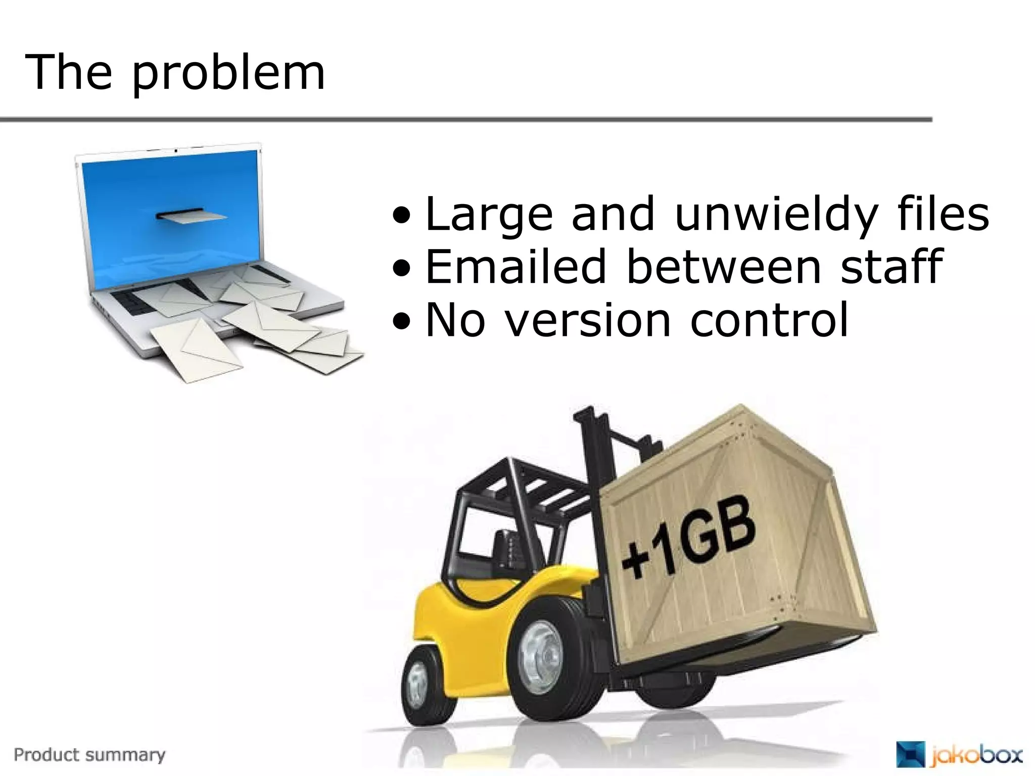 The problem Large and unwieldy files Emailed between staff No version control 