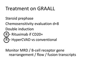 Treatment on GRAALL Steroid prephaseChemosensitivityevaluation d+8Double inductionR – Rituximabif CD20+R – HyperCVADvsconventionalMonitor MRD / B-cellreceptorgenerearrangement / flow / fusiontranscripts
