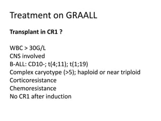 Treatment on GRAALLTransplant in CR1 ?WBC > 30G/LCNS involvedB-ALL: CD10-; t(4;11); t(1;19)Complexcaryotype (>5); haploid ornear triploidCorticoresistanceChemoresistanceNo CR1 after induction