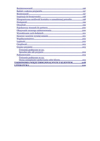 Bezinteresowność............................................................................................196
  Radość z sukcesu przyjaciela...........................................................................197
  Bezstronność....................................................................................................197
  Inspiracja do kreatywności..............................................................................198
  Nieograniczona możliwość kontaktu w uzasadnionej potrzebie...................198
  Dostępność.......................................................................................................199
  Otwartość.........................................................................................................199
  Pojednawczy stosunek do partnera................................................................200
  Okazywanie szczerego zainteresowania.........................................................200
  Wyszukiwanie cech dodatnich........................................................................201
  Szczerze i uczciwie wyrażaj uznanie................................................................201
  Współuczestnictwo..........................................................................................202
  Lojalność..........................................................................................................202
  Cierpliwość......................................................................................................203
  Granice przyjaźni............................................................................................203
     Ćwiczenie praktyczne nr 22:
     Sprzedaż jako akt przyjaźni........................................................................204
  Podsumowanie................................................................................................204
     Ćwiczenie praktyczne nr 23:
     Ocena umiejętności zjednywania sobie klienta.........................................205
TAKSONOMIA WIĘZI EMOCJONALNYCH Z KLIENTEM..............208
LITERATURA.................................................................................210
 