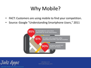 Why Mobile?
• FACT: Customers are using mobile to find your competition.
• Source: Google "Understanding Smartphone Users," 2011




                            JaksApps.com
                         Admin@JaksApps.com
 