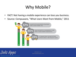 Why Mobile?
• FACT: Not having a mobile experience can lose you business.
• Source: Compuware, "What Users Want from Mobile," 2011




                             JaksApps.com
                          Admin@JaksApps.com
 