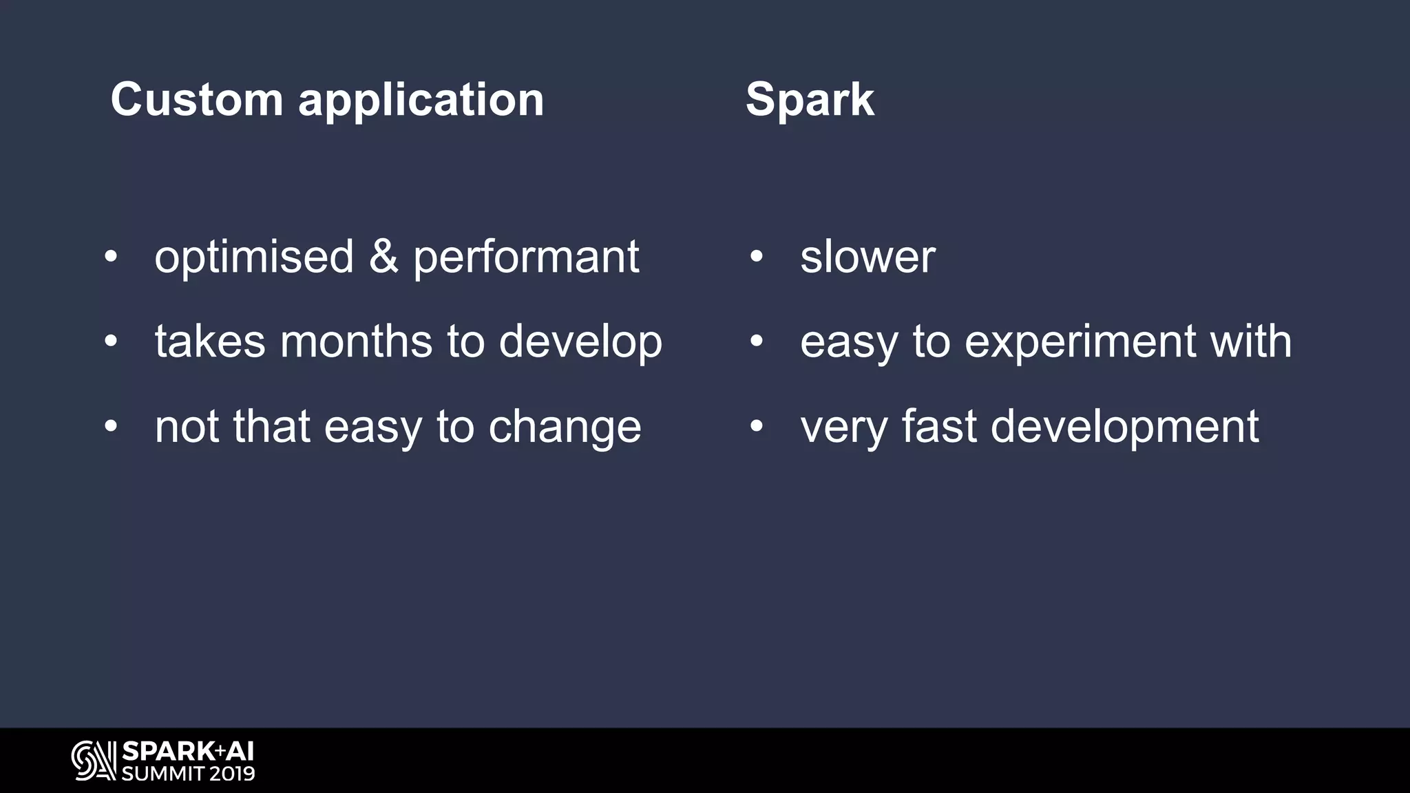 Custom application Spark
• optimised & performant
• takes months to develop
• not that easy to change
• slower
• easy to experiment with
• very fast development
 