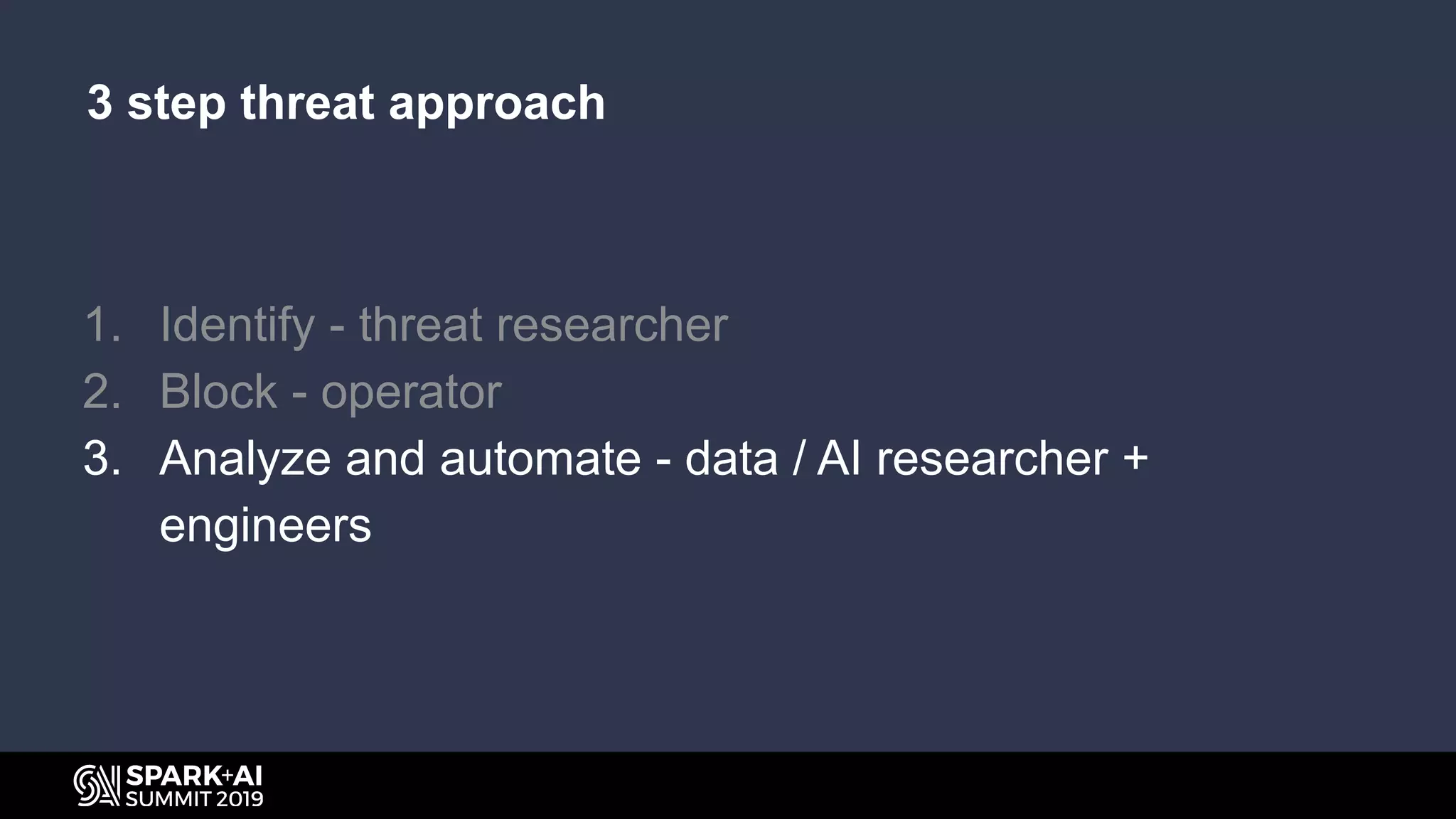 1. Identify - threat researcher
2. Block - operator
3. Analyze and automate - data / AI researcher +
engineers
3 step threat approach
 