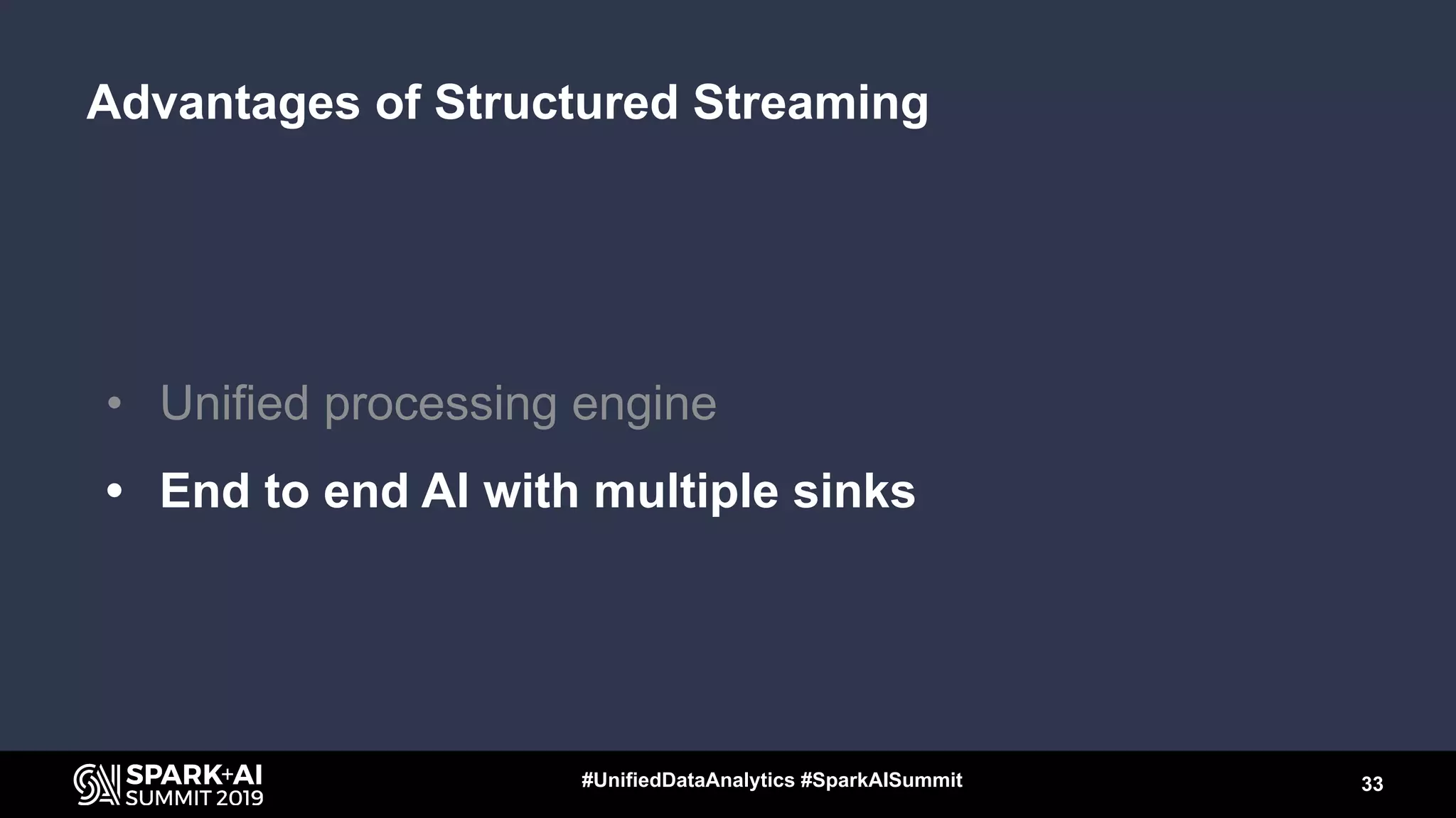 Advantages of Structured Streaming
• Unified processing engine
• End to end AI with multiple sinks
33#UnifiedDataAnalytics #SparkAISummit
 
