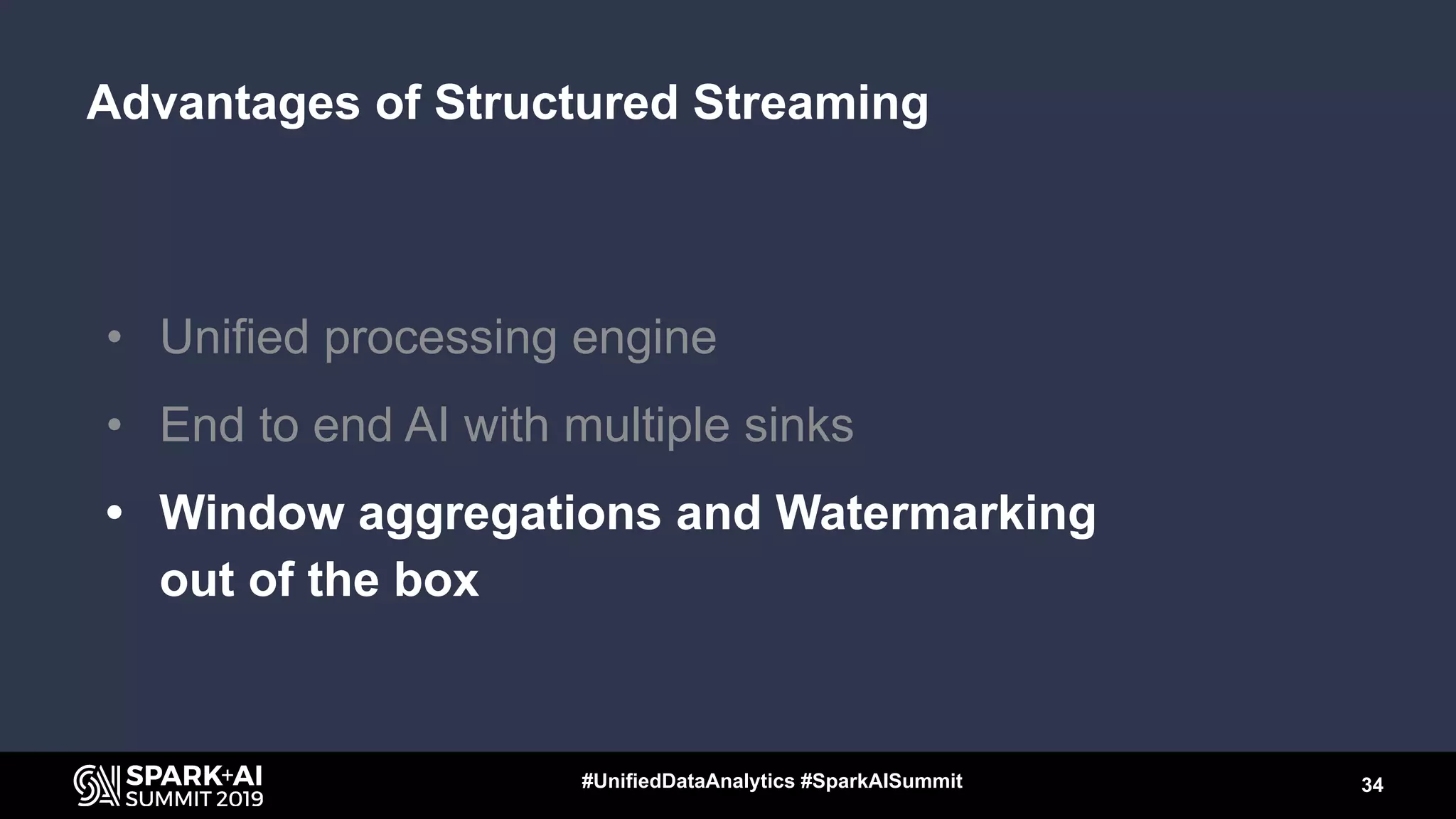 Advantages of Structured Streaming
• Unified processing engine
• End to end AI with multiple sinks
• Window aggregations and Watermarking
out of the box
34#UnifiedDataAnalytics #SparkAISummit
 