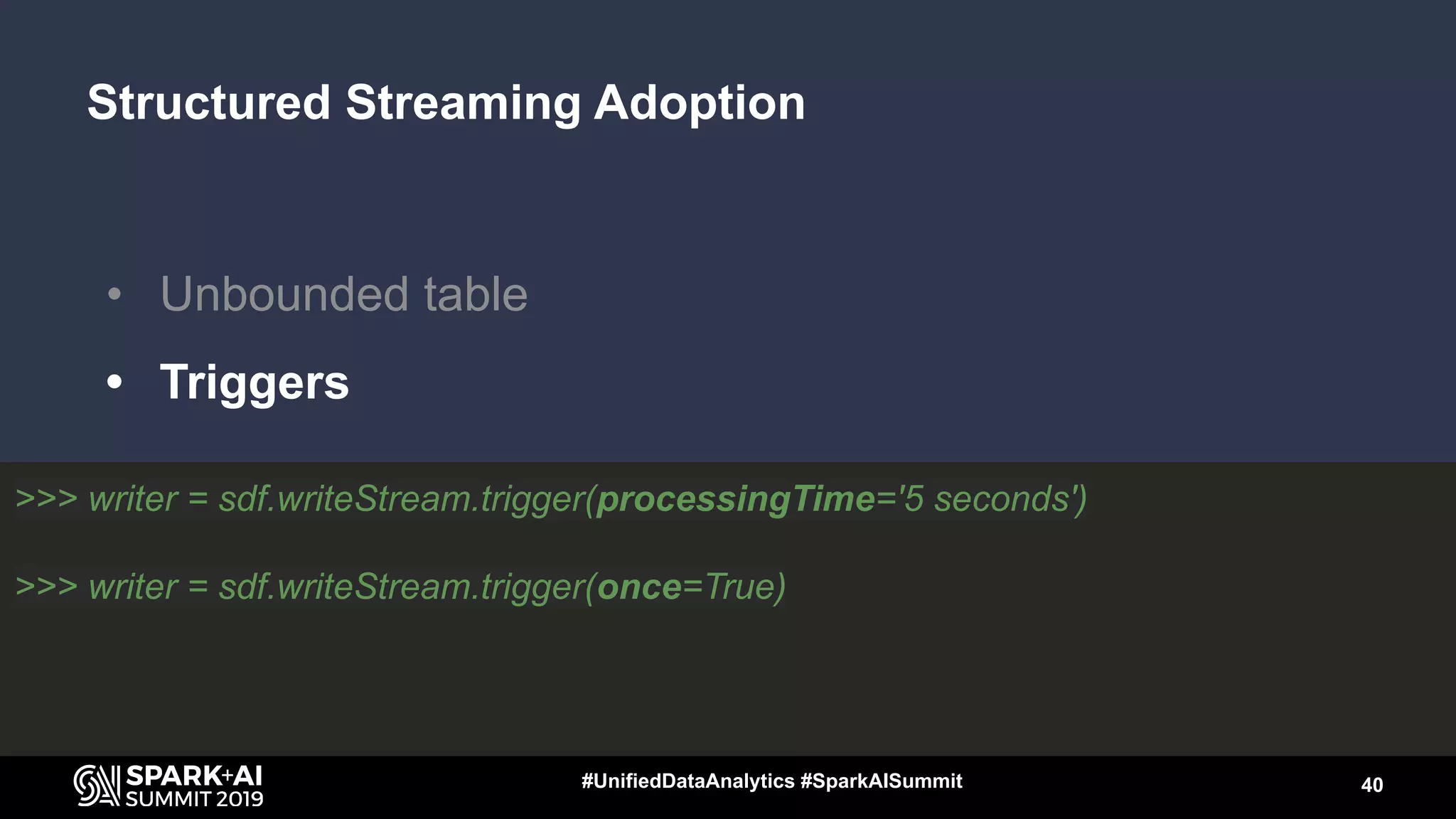 Structured Streaming Adoption
• Unbounded table
• Triggers
40#UnifiedDataAnalytics #SparkAISummit
>>> writer = sdf.writeStream.trigger(processingTime='5 seconds')
>>> writer = sdf.writeStream.trigger(once=True)
 