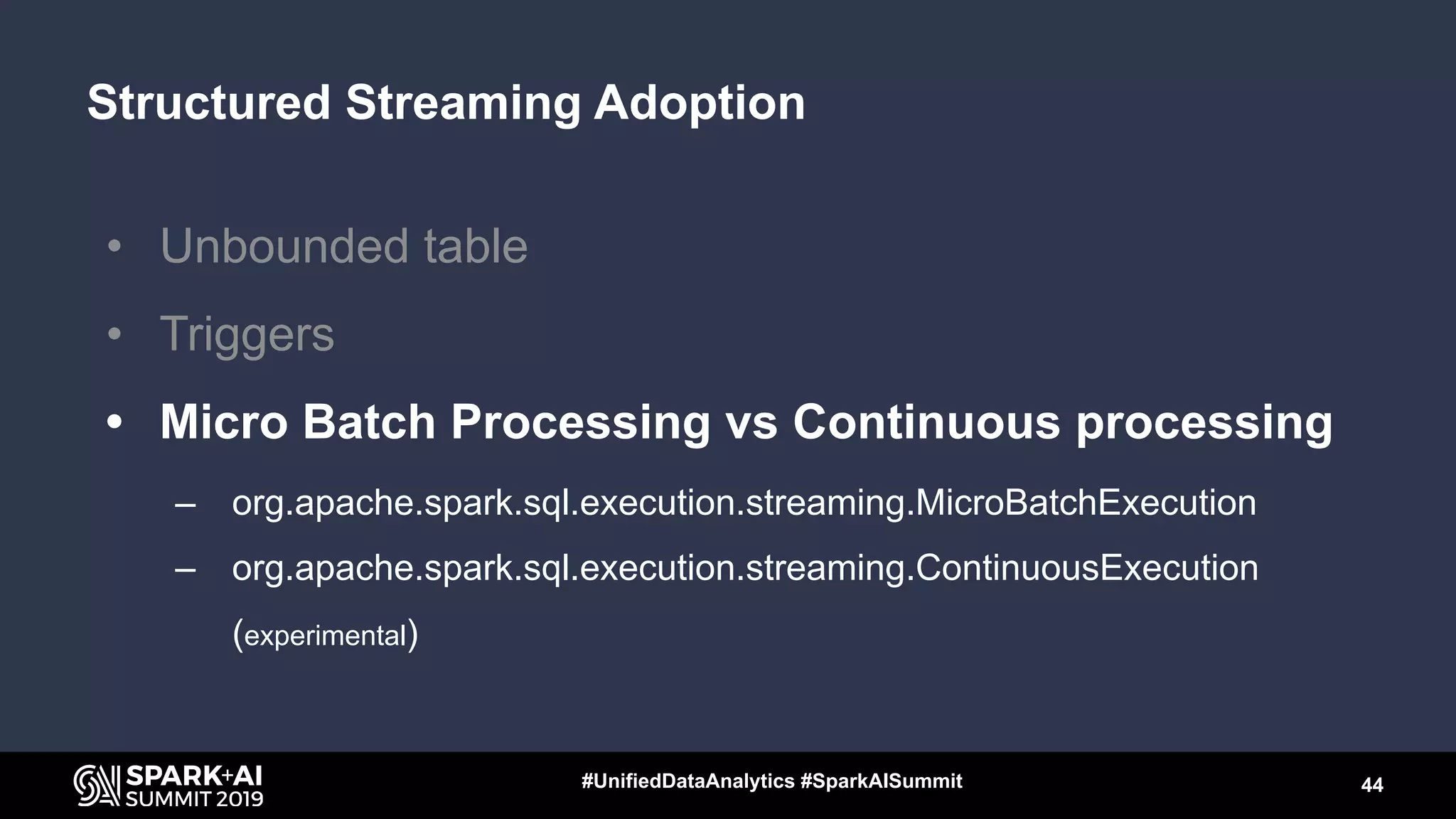 Structured Streaming Adoption
• Unbounded table
• Triggers
• Micro Batch Processing vs Continuous processing
– org.apache.spark.sql.execution.streaming.MicroBatchExecution
– org.apache.spark.sql.execution.streaming.ContinuousExecution
(experimental)
44#UnifiedDataAnalytics #SparkAISummit
 