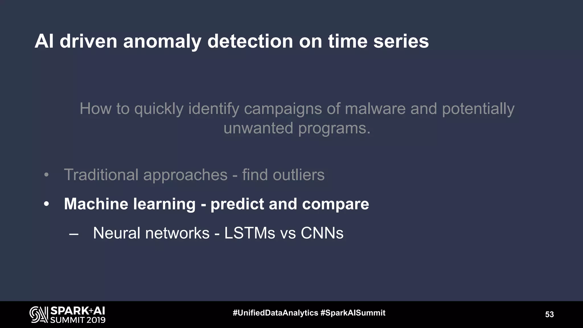 How to quickly identify campaigns of malware and potentially
unwanted programs.
• Traditional approaches - find outliers
• Machine learning - predict and compare
– Neural networks - LSTMs vs CNNs
53#UnifiedDataAnalytics #SparkAISummit
AI driven anomaly detection on time series
 