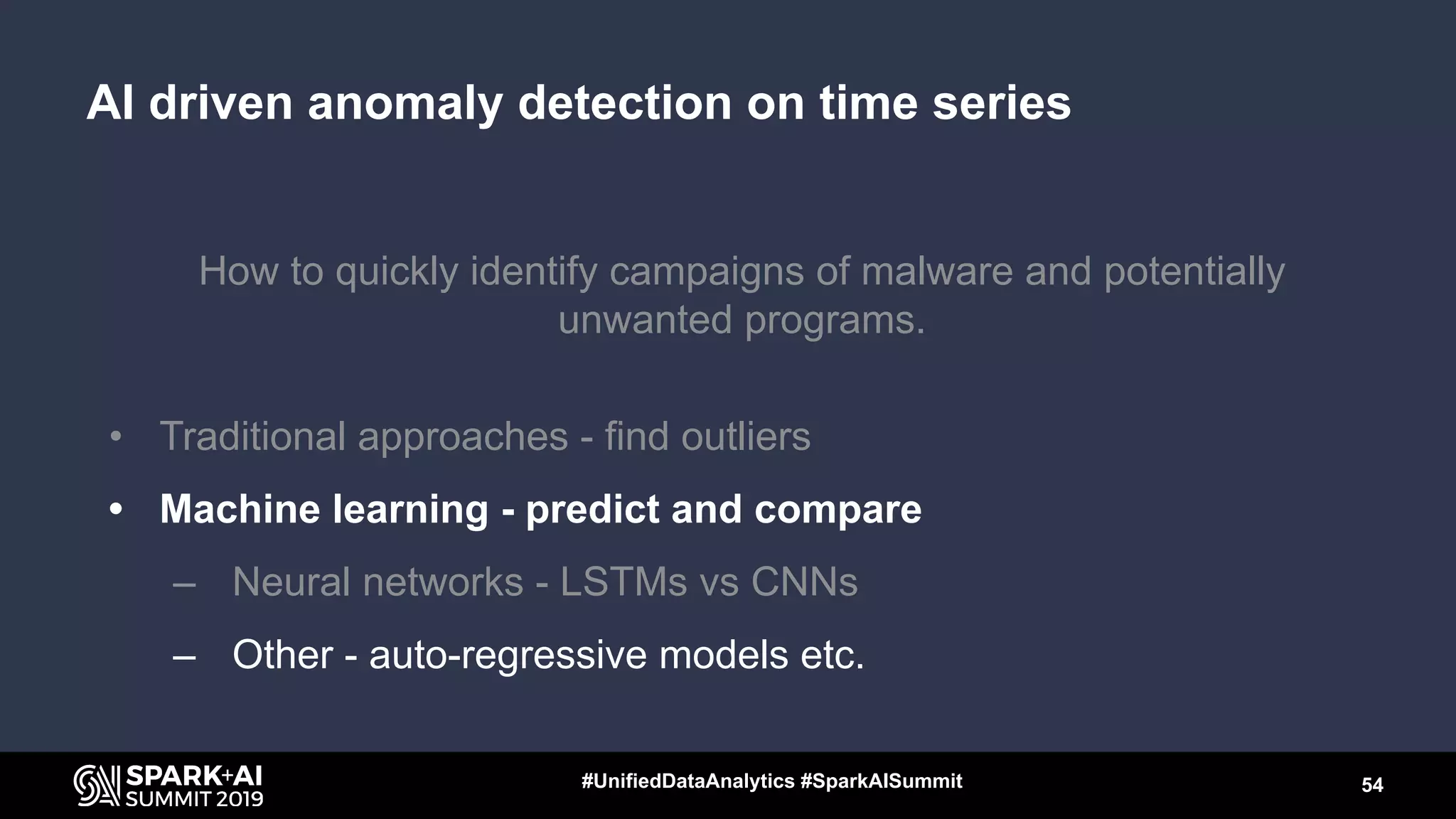 How to quickly identify campaigns of malware and potentially
unwanted programs.
• Traditional approaches - find outliers
• Machine learning - predict and compare
– Neural networks - LSTMs vs CNNs
– Other - auto-regressive models etc.
54#UnifiedDataAnalytics #SparkAISummit
AI driven anomaly detection on time series
 