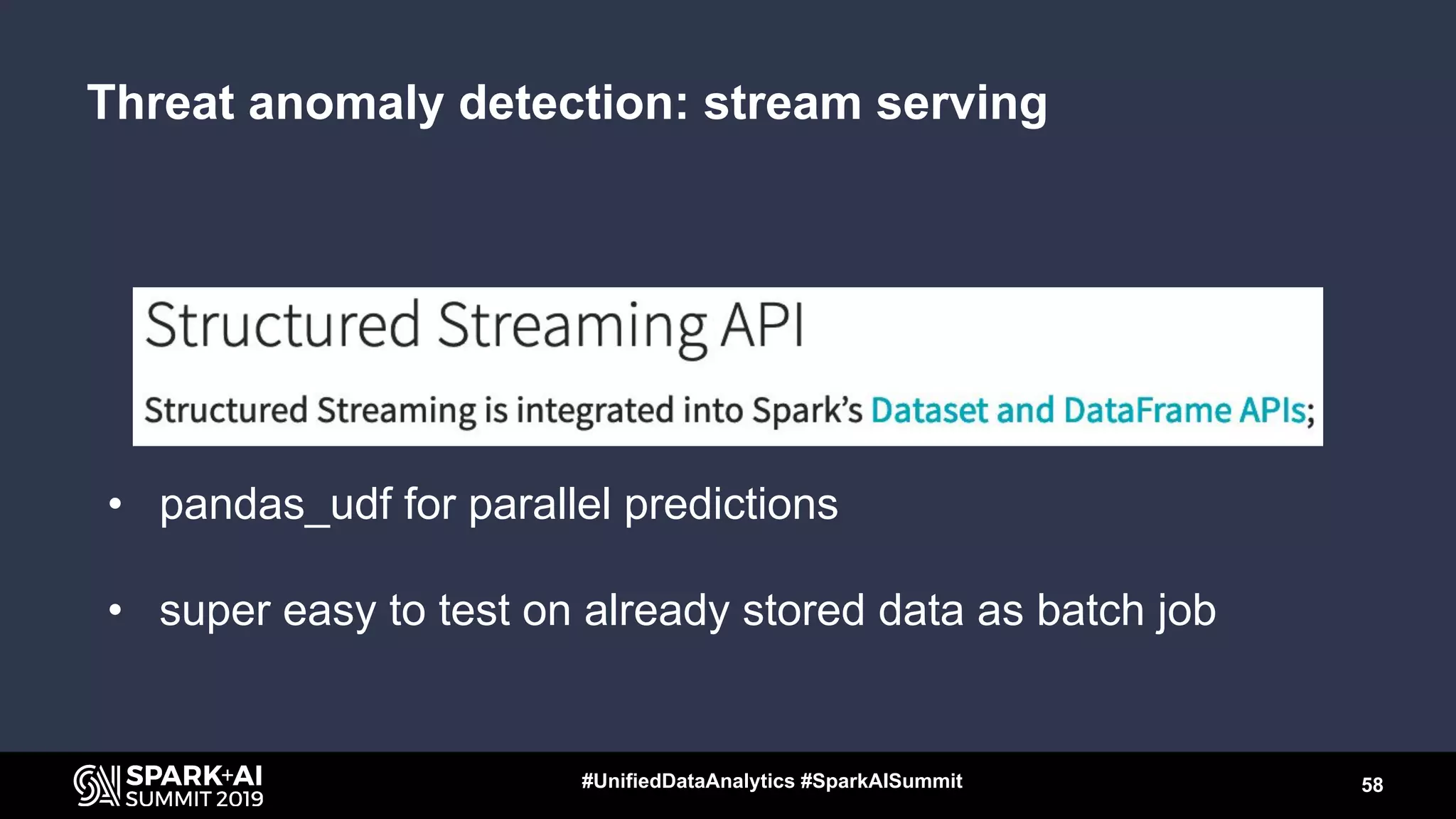 • pandas_udf for parallel predictions
• super easy to test on already stored data as batch job
58#UnifiedDataAnalytics #SparkAISummit
Threat anomaly detection: stream serving
 