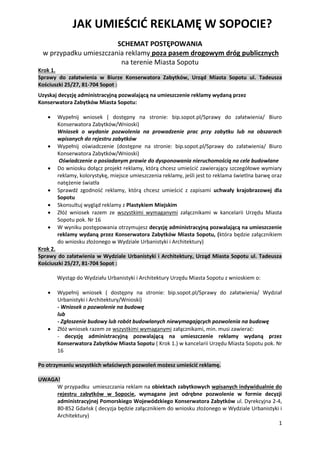 1
JAK UMIEŚCIĆ REKLAMĘ W SOPOCIE?
SCHEMAT POSTĘPOWANIA
w przypadku umieszczania reklamy poza pasem drogowym dróg publiczny...