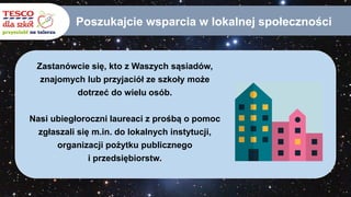 Poszukajcie wsparcia w lokalnej społeczności
Zastanówcie się, kto z Waszych sąsiadów,
znajomych lub przyjaciół ze szkoły może
dotrzeć do wielu osób.
Nasi ubiegłoroczni laureaci z prośbą o pomoc
zgłaszali się m.in. do lokalnych instytucji,
organizacji pożytku publicznego
i przedsiębiorstw.
 