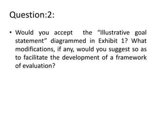 Question:2:
• Would you accept the “Illustrative goal
statement” diagrammed in Exhibit 1? What
modifications, if any, would you suggest so as
to facilitate the development of a framework
of evaluation?

 