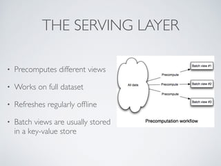 THE SERVING LAYER
• Precomputes different views
• Works on full dataset
• Refreshes regularly ofﬂine
• Batch views are usually stored
in a key-value store
 