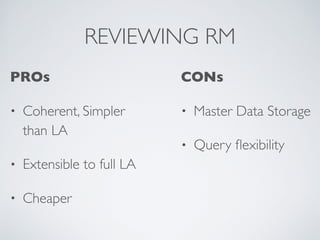 REVIEWING RM
PROs
• Coherent, Simpler
than LA
• Extensible to full LA
• Cheaper
CONs
• Master Data Storage
• Query ﬂexibility
 