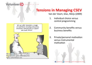 Tensions	
  in	
  Managing	
  CSEV	
  
          Van	
  der	
  Voort,	
  Glac,	
  Meijs	
  (2009)	
  
           1.  Individual	
  choice	
  versus	
  
               central	
  programming	
  

           2.  Community	
  beneﬁts	
  versus	
  
               business	
  beneﬁts	
  

           3.  Private/personal	
  mo9va9on	
  
               versus	
  Instrumental	
  
               mo9va9on	
  
 