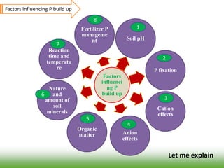 Factors influencing P build up
Factors
influenci
ng P
build up
Nature
and
amount of
soil
minerals
Soil pH
P fixation
Fertilizer P
manageme
nt
Organic
matter
Reaction
time and
temperatu
re
Anion
effects
Cation
effects
Let me explain
2
3
4
5
6
7
8
1
 