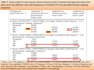 Table 3: Grain yield of winter-grown wheat and seed yield of mustard and rapeseed crops from
plots receiving different rates and frequencies of fertilizer P in the groundnut-based cropping
sequences
a LSD0 05: rate = 350, frequency = 220, year = 210, rate x frequency = 335; year x frequency, year x rate, and year x rate x
frequency = non-significant. bLSD0.05: rate = 67, frequency = 49, year =110, rate x frequency = 110; year x frequency, year
x rate, and year x rate x frequency = non-significant. c LSD0 05: rate = 140, frequency = 120, year = 210, rate x frequency =
210; year x frequency, year x rate, and year x rate x frequency = non-significant.
 