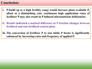 Conclusion:
i. P-build up to a high fertility range would increase plant available P,
albeit at a diminishing rate, continuous high application rates of
fertilizer P may also result in P induced micronutrient deficiencies.
ii. Results indicated a marked difference in P fraction changes between
fertilized and non fertilized control plots.
iii. The conversion of fertilizer P to non labile P forms is significantly
enhanced by increasing rates and frequency of applied P.
 