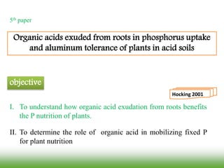 Organic acids exuded from roots in phosphorus uptake
and aluminum tolerance of plants in acid soils
Hocking 2001
objective
I. To understand how organic acid exudation from roots benefits
the P nutrition of plants.
II. To determine the role of organic acid in mobilizing fixed P
for plant nutrition
5th paper
 