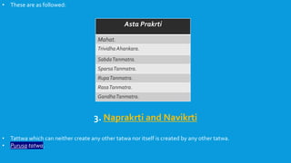 • These are as followed:
Asta Prakrti
Mahat.
Trividha Ahankara.
SabdaTanmatra.
SparsaTanmatra.
RupaTanmatra.
RasaTanmatra.
GandhaTanmatra.
3. Naprakrti and Navikrti
• Tattwa which can neither create any other tatwa nor itself is created by any other tatwa.
• Purusa tatwa.
 