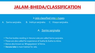 JALAM-BHEDA/CLASSIFICATION
Jala classified into 3 types:
A. Sarira sanjnaka. B. Indriya sanjnaka. C. Visaya sanjnaka.
A. Sarira sanjnaka
• The live bodies residing in Varuna Loka are called Sarira sanjnaka.
• These are also called for experience of Sukha & Dukha to Atma.
• Hence also known as ‘Bhogayatana’ of Atma.
• Varuna loka is main habitat for Jala.
 