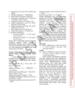 P
U
S
JA
TA
N
HAKCIPTASESUAIKETENTUANDANATURANYANGBERLAKU,COPYDOKUMENINIDIGUNAKANDILINGKUNGANPUSJATANDANDIBUATUNTUK
PENAYANGANDIWEBSITE,DANTIDAKUNTUKDIKOMERSILKAN.DOKUMENINITIDAKDIKENDALIKANJIKADIDOWNLOAD
b. Panjang slab 120 m dan 180 m (400 ft dan
600 ft).
c. Modulus elastisitas EC = 3.000.000 psi.
d. Berat volume 2310 kg/cm3
(144 lb/cf).
e. Temperatur permukaan beton maksimum
27o
C (80o
F) = 54o
C (130o
F),
f. Temperatur di bawah -7o
C (20o
F): -14o
F.
g. Gradien temperatur di atas 27o
C (80o
F):
0,09 mm/o
C (4 in/o
F) dan
h. Gradien temperatur di bawah -4o
C (20o
F):
0,045 mm/o
C (2 in/o
F).
i. Faktor friksi di atas 27o
C (80o
F): 0,5.
j. Faktor friksi di bawah -7o
C (20o
F): 0,7.
k. Koefsien termal beton:
- Di atas 27o
C (80o
F) = 11 x 10-6
mm/o
C
(6 x 10-6
in/0
F).
- Di bawah -7o
C (20o
F) = 7 x 10-6
mm/o
C
(4 x 10-6
in/o
F).
Dalam Tabel 4 ditunjukkan tahap per-hitungan
perubahan panjang. Dalam Gambar 6
diperlihatkan hubungan antara temperatur dan
muai-susut panel beton panjang 100 m, tebal 20
cm, pada temperatur minimum rata-rata tetap
sebesar minus 7o
C (20o
F).
Contoh Perhitungan Perubahan Panjang,
Daerah Tropis, di Buntu-Kebumen (Studi
Kasus)
Contoh studi kasus perkerasan jalan beton
prategang di jalan ujicoba skala penuh Buntu-
Kebumen, Jawa Tengah dengan data sebagai
berikut:
Mutu beton K-400 - '
Cf = 0,83 x 400 = 332
kg/cm2
= 4742,9 psi
Modulus Elastisitas = EC = '
57000 Cf = =
3.925.499 psi
Berat volume beton 2400 kg/cm3
= 149,6 lb/ft3
.
Tebal = 0,20 m = 8 inci.
Panjang yang ditinjau 100 meter = 328 ft,
Temperatur permukaan maksimum di atas rata
42o
C (80o
F) = 107,6o
F
Temperatur permukaan minimum rata-rata 26o
C
= 78,8o
F
Gradien temperatur (107,6-78,8)/(20/2,54)o
C/in
= 3,7oF/in,
Koefisien termal beton = 6 x 10-6
in/in/o
F
Dengan perhitungan yang sama, perubahan
panjang slab 100 meter akibat muai terkendali
(Restrained expansion temperature) di atas
temperatur 27o
C sebesar 7 mm, dan akibat
musiman setelah dikurangi penyesuaian
panjang muai akibat kelembaban, minus 1,0
mm (-0,39 in.) sehingga total perubahan
panjang tahunan menjadi minus 2,3 mm. Lihat
Tabel 5. Dalam Gambar 5 diilustrasikan
perubahan panjang akibat temperatur dan
kelembaban, yang diukur langsung di lapangan.
Bila kondisi muai penuh, panjang panel
dalam Tabel 4 untuk iklim sub-tropis dan pada
Tabel 5 untuk iklim tropis, dihitung dengan
Rumus (20), maka lebar celah sambungan (joint
opening), adalah sebagai berikut:
Sub-tropis:
∆L= {0,65 x (10000/2,54) x (6,0.10-6
x((130+20
) + 2.10-4
} x 100/25 = 23,4 mm ~ 25,8
mm (Lihat Tabel 4)
Tropis:
∆L = {0,65 x (10000/2,54) x (6,0.10-6
x((42-26)
*1,8+32 ) + 2.10-4
} x 100/25 = 9,5 mm ~
7 mm (Lihat Tabel 5).
Dalam Gambar 6 diperlihatkan perbedaan
muai-susut panjang slab untuk mengakomo-
dasi lebar celah sambungan muai. Muai-susut di
daerah tropis (Buntu-Kebumen) dengan
temperatur beton 50o
C, relatif lebih rendah
(15/30 = 50%) dari pada di iklim sub-tropis.
Berdasarkan hasil pengukuran dengan alat
Falling Weight Deflectometer (FWD), defleksi
pada tepi segmen dan tengah-tengah bentang,
antara 0,21 mm dan 0,41 mm, atau rata-rata
0,28 mm < 0,75 mm, dan efisiensi transfer
beban (Load Transfer Effisiency) > 82%,
sehingga tidak terindikasi rongga di bawah
sambungan yang menyebabkan pumping.
Dalam Gambar 7 diperlihatkan pemasangan
tendon memanjang pada ujicoba skala penuh di
Buntu-Kebumen dan kondisi visual sampai
umur satu tahun.
 