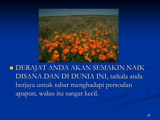 DERAJAT ANDA AKAN SEMAKIN NAIK DISANA DAN DI DUNIA INI, tatkala anda berjaya untuk sabar menghadapi persoalan apapun, walau itu sangat kecil.97