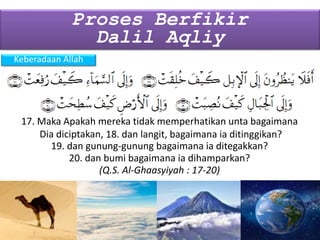 Keberadaan Allah
Proses Berfikir
Dalil Aqliy
17. Maka Apakah mereka tidak memperhatikan unta bagaimana
Dia diciptakan, 18. dan langit, bagaimana ia ditinggikan?
19. dan gunung-gunung bagaimana ia ditegakkan?
18. dan langit, bagaimana ia ditinggikan?
20. dan bumi bagaimana ia dihamparkan?
(Q.S. Al-Ghaasyiyah : 17-20)
 