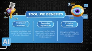 Improved
Accuracy
Expanded
Capabilities
Problem
Solving
Using the right tool can
make complex problems
manageable.
TOOL USE BENEFITS
Accessing specialized tools
can enhance the accuracy
of an agent's output.
Agents can perform tasks
they might not be able to
do with direct language
modeling alone.
 