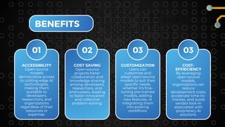 01 02 03
ACCESSIBILITY
Open-source
models
democratize access
to cutting-edge AI
technologies,
making them
available to
developers,
researchers, and
organizations
regardless of their
resources or
expertise.
BENEFITS
COST SAVING
Open-source
projects foster
collaboration and
knowledge sharing
among developers,
researchers, and
enthusiasts, leading
to faster innovation
and collective
problem-solving.
CUSTOMIZATION
Users can
customize and
adapt open-source
models to suit their
specific needs,
whether it's fine-
tuning pre-trained
models, adding
new features, or
integrating them
into existing
workflows.
03
COST-
EFFIECIENCY
By leveraging
open-source
models,
organizations can
reduce
development costs,
accelerate time-to-
market, and avoid
vendor lock-in
associated with
proprietary AI
solutions.
 