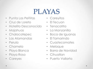 PLAYASPunta Las PeñitasCruz de LoretoHotelito DesconocidoMajahuasChalacatepecLas AlamandasPerulaChamelaPlaya BlancaPlaya RosaCareyesCareyitosEl TecuanTenacatitaLa ManzanillaBoca de IguanasEl TamarindoCuastecomatesMelaqueBarra de NavidadCihuatlanPuerto Vallarta