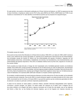 CONSEJO ESTATAL DE POBLACIÓN
61VERSIÓN 1.0
Capítulo 2: Salud
En este sentido, de acuerdo a información publicada en el Tercer Informe de Gobierno, en 2007 la esperanza de vida
al nacer (hombres y mujeres) en Jalisco era de 76.41 años; para 2008 fue de 76.64 y 2009 finalizó con 76.86, lo que
muestra un crecimiento de 1%. Esto identifica una tendencia positiva que se proyecta en la siguiente figura.
Principales causas de muerte
De acuerdo al documento Dos Décadas en el Desarrollo de Jalisco 1990-2010, con datos de 1990 a 2007, donde se
toman como referencia las causas agrupadas en capítulos de la Clasificación Internacional de las Enfermedades,
las principales causas de muerte en Jalisco son las enfermedades del aparato circulatorio, seguidas por las
enfermedades endocrinas, nutricionales y metabólicas, los tumores, los traumatismos y los envenenamientos y las
enfermedades del aparato respiratorio. Para 2010, la diabetes mellitus toma el primer sitio, seguida en el orden por
las causas citadas.
Como sucede en el resto del país, el riesgo de morir (expresado como mortalidad general) muestra una tendencia
estable. Entre 2000-2010, la tasa promedio ponderada fue de 4.8 defunciones por cada mil jaliscienses, discretamente
superior a la tasa nacional de 4.5. Sin embargo, entre las regiones existen evidentes contrastes: Sierra de Amula (6.5),
Sur (6.0) y Sierra Occidental (5.9), mientras que la Región Costa Norte registra la menor tasa con 3.6 defunciones por
cada mil habitantes. En el periodo 2006–2009 este indicador no muestra cambios significativos.
En el estado, la edad promedio de muerte temprana (decesos ocurridos antes de los 70 años de edad), se ha retrasado
de manera leve pero sostenida. Para el año 2000, la muerte temprana registró una edad promedio de 40.4 años; para
2005, el promedio fue de 43.4 años y 44.0 para 2008, lo que permite suponer que las condiciones generales de vida y
de atención a la salud en particular continúan mejorando paulatinamente.
A pesar de los avances en salud pública y atención médica, persisten dolorosas desigualdades entre regiones,
municipios y grupos sociales. Los daños a la salud suelen ser mayores en el medio rural e indígena que en
las zonas urbanas; en la Región del Norte y algunos municipios de la Costa Sur del estado, que en las regiones
del Centro y Altos Sur; en las familias de menores ingresos, que en los hogares con mayores recursos; en
2001 2005 2010 2013 2020 2030
82.00
84.00
80.00
78.00
76.00
74.00
72.00
70.00
74.88
75.93
78.65
79.37
80.76
81.97
Esperanza de vida al nacimiento
Jalisco, 2001 - 2030
Fuente: Elaborado por el Consejo Estatal de Población con base en CONAPO, Proyecciones de
Población, 2000-2030 y 2006-2030.
 