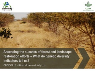 Assessing the success of forest and landscape 
restoration efforts – What do genetic diversity 
indicators tell us? 
CBD/COP12 - Riina Jalonen and Judy Loo 
 