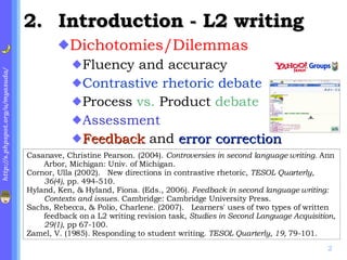 2. Introduction - L2 writing Dichotomies/Dilemmas Fluency and accuracy Contrastive rhetoric debate   Process  vs.  Product  debate   Assessment Feedback  and  error correction Casanave, Christine Pearson. (2004).  Controversies in second language writing.  Ann Arbor, Michigan: Univ. of Michigan. Cornor, Ulla (2002).   New directions in contrastive rhetoric,  TESOL Quarterly, 36(4) , pp. 494-510. Hyland, Ken, & Hyland, Fiona. (Eds., 2006).  Feedback in second language writing: Contexts and issues.  Cambridge: Cambridge University Press. Sachs, Rebecca, & Polio, Charlene. (2007).   Learners' uses of two types of written feedback on a L2 writing revision task,  Studies in Second Language Acquisition, 29(1) , pp 67-100. Zamel, V. (1985). Responding to student writing.  TESOL Quarterly, 19,  79-101. 