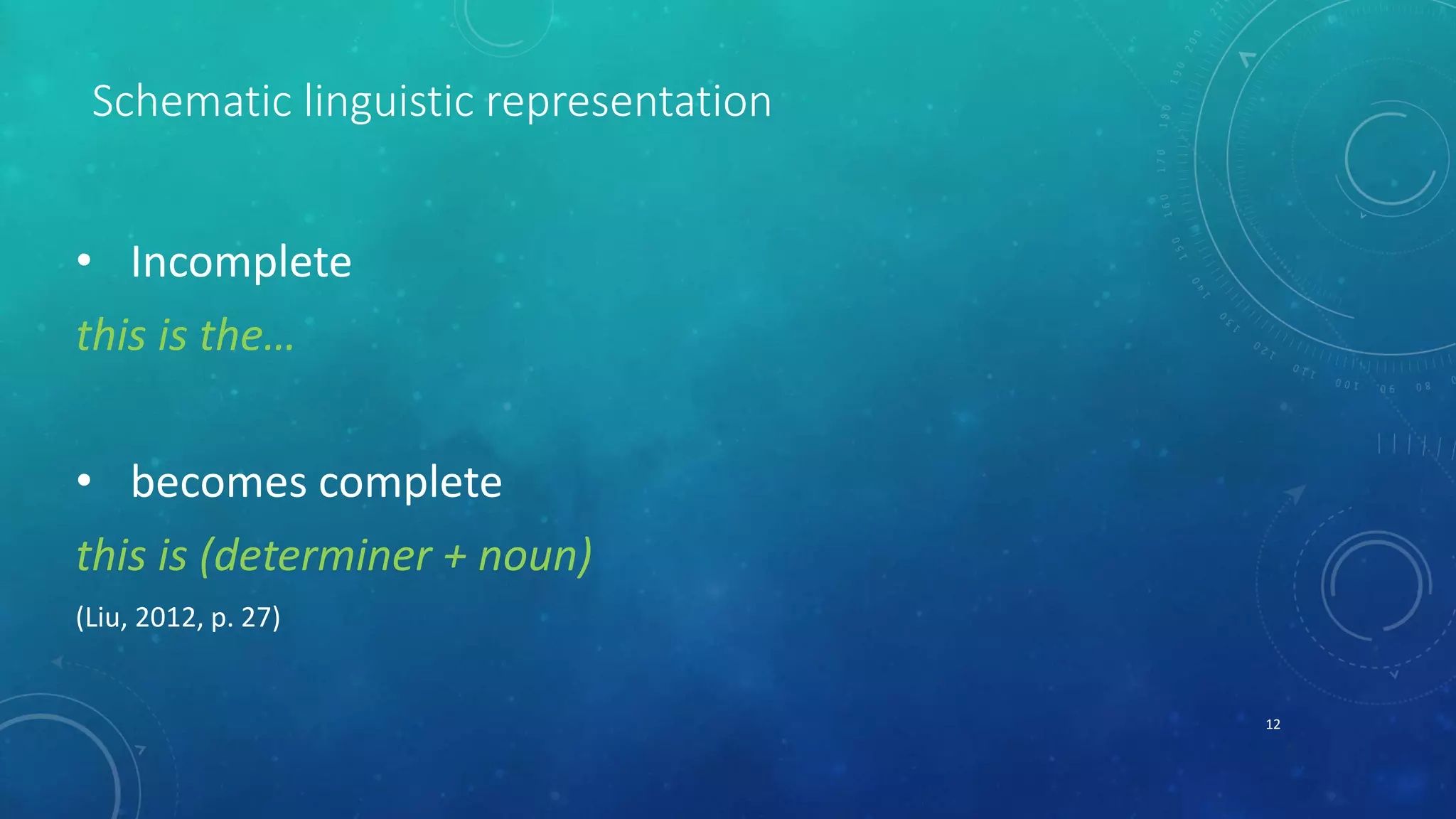 Schematic linguistic representation 
• Incomplete 
this is the… 
• becomes complete 
this is (determiner + noun) 
(Liu, 2012, p. 27) 
12 
 