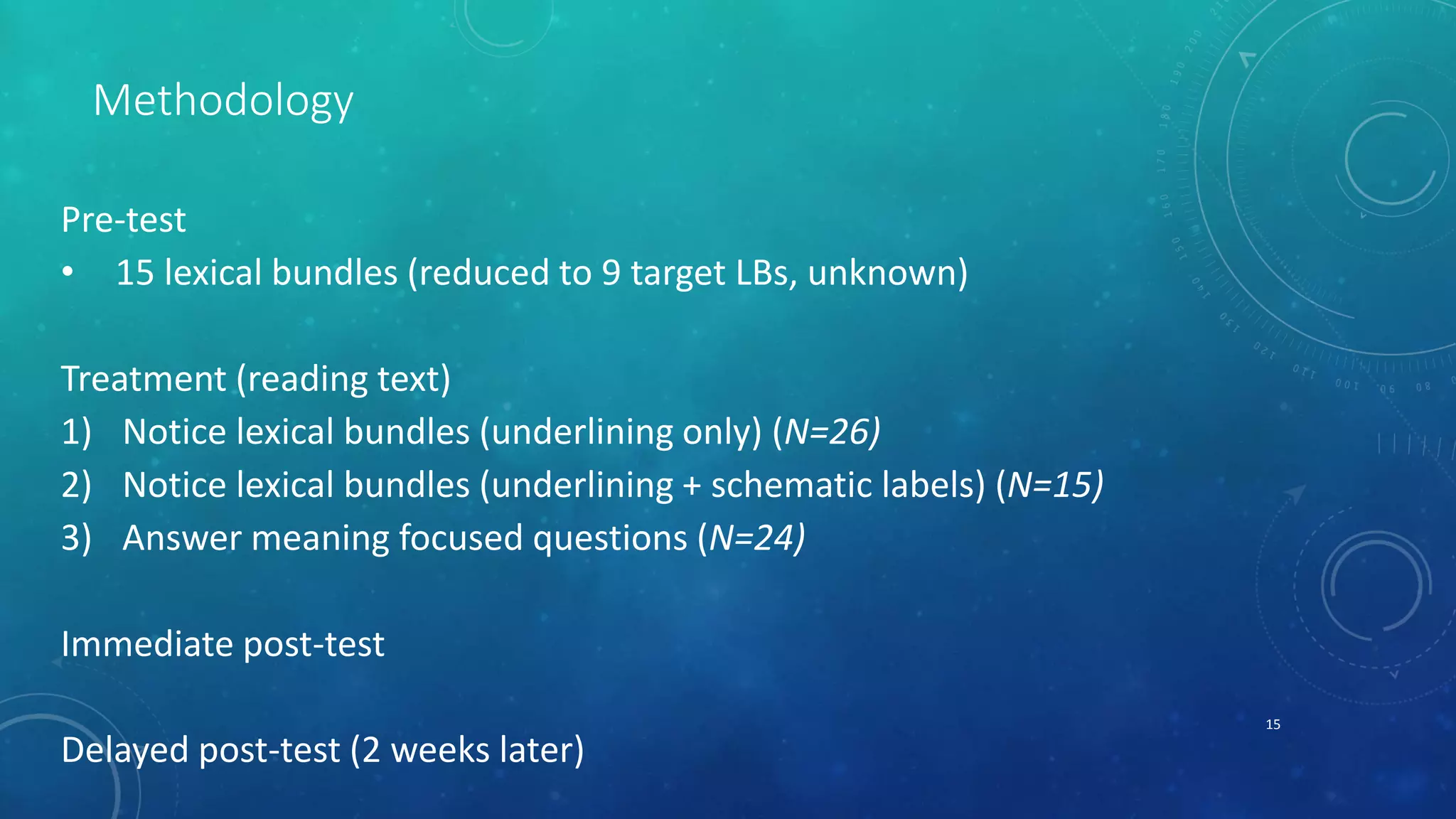 Methodology 
Pre-test 
• 15 lexical bundles (reduced to 9 target LBs, unknown) 
Treatment (reading text) 
1) Notice lexical bundles (underlining only) (N=26) 
2) Notice lexical bundles (underlining + schematic labels) (N=15) 
3) Answer meaning focused questions (N=24) 
Immediate post-test 
Delayed post-test (2 weeks later) 
15 
 