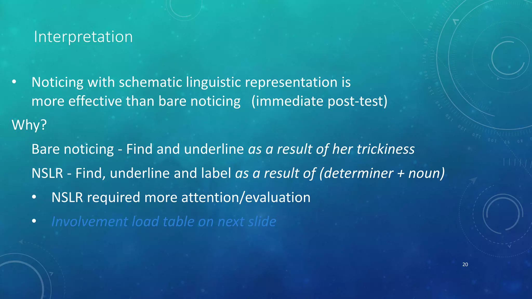 Interpretation 
• Noticing with schematic linguistic representation is 
more effective than bare noticing (immediate post-test) 
Why? 
Bare noticing - Find and underline as a result of her trickiness 
NSLR - Find, underline and label as a result of (determiner + noun) 
• NSLR required more attention/evaluation 
• Involvement load table on next slide 
20 
 