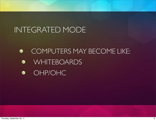 INTEGRATED MODE

                             COMPUTERS MAY BECOME LIKE:
                             WHITEBOARDS
                             OHP/OHC




Thursday, September 29, 11                                9
 
