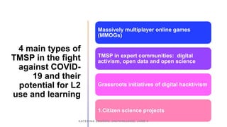 4 main types of
TMSP in the fight
against COVID-
19 and their
potential for L2
use and learning
Massively multiplayer onli...