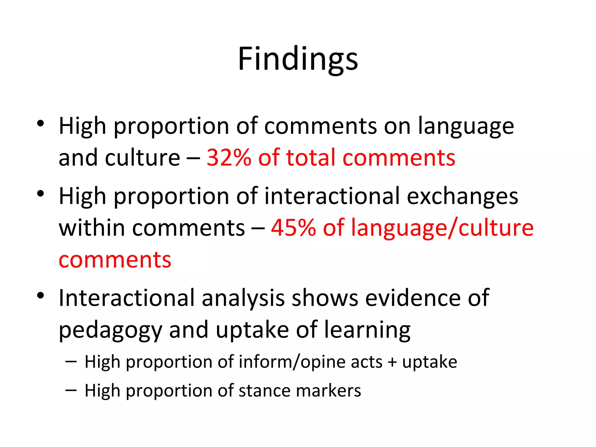 Findings
• High proportion of comments on language
and culture – 32% of total comments
• High proportion of interactional exchanges
within comments – 45% of language/culture
comments
• Interactional analysis shows evidence of
pedagogy and uptake of learning
– High proportion of inform/opine acts + uptake
– High proportion of stance markers

 