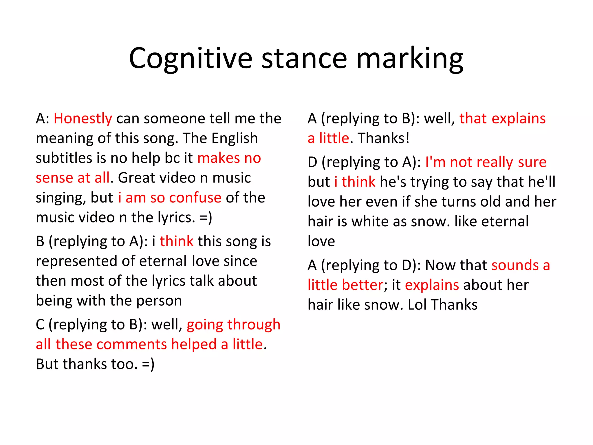 Cognitive stance marking
A: Honestly can someone tell me the
meaning of this song. The English
subtitles is no help bc it makes no
sense at all. Great video n music
singing, but i am so confuse of the
music video n the lyrics. =)
B (replying to A): i think this song is
represented of eternal love since
then most of the lyrics talk about
being with the person
C (replying to B): well, going through
all these comments helped a little.
But thanks too. =)

A (replying to B): well, that explains
a little. Thanks!
D (replying to A): I'm not really sure
but i think he's trying to say that he'll
love her even if she turns old and her
hair is white as snow. like eternal
love
A (replying to D): Now that sounds a
little better; it explains about her
hair like snow. Lol Thanks

 