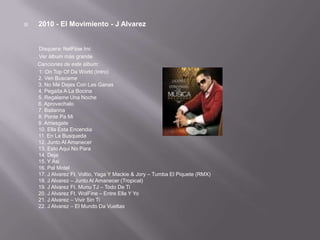     2010 - El Movimiento - J Alvarez


      Disquera: NelFlow Inc
    . Ver álbum más grande
     Canciones de este álbum:
      1. On Top Of Da World (Intro)
      2. Ven Buscame
      3. No Me Dejes Con Las Ganas
      4. Pegaita A La Bocina
      5. Regalame Una Noche
      6. Aprovechalo
      7. Bailarina
      8. Ponte Pa Mi
      9. Arriesgate
      10. Ella Esta Encendia
      11. En La Busqueda
      12. Junto Al Amanecer
      13. Esto Aqui No Para
      14. Deja
      15. Y Asi
      16. Pal Motel
      17. J Alvarez Ft. Voltio, Yaga Y Mackie & Jory – Tumba El Piquete (RMX)
      18. J Alvarez – Junto Al Amanecer (Tropical)
      19. J Alvarez Ft. Munu TJ – Todo De Ti
      20. J Alvarez Ft. WolFine – Entre Ella Y Yo
      21. J Alvarez – Vivir Sin Ti
      22. J Alvarez – El Mundo Da Vueltas
 