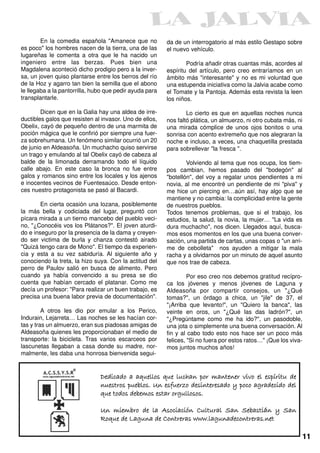 En la comedia española "Amanece que no           da de un interrogatorio al más estilo Gestapo sobre
es poco" los hombres nacen de la tierra, una de las      el nuevo vehículo.
lugareñas le comenta a otra que le ha nacido un
ingeniero entre las berzas. Pues bien una                        Podría añadir otras cuantas más, acordes al
Magdalena aconteció dicho prodigio pero a la inver-      espíritu del artículo, pero creo entraríamos en un
sa, un joven quiso plantarse entre los berros del río    ámbito más "interesante" y no es mi voluntad que
de la Hoz y agarro tan bien la semilla que el abono      una estupenda iniciativa como la Jalvia acabe como
le llegaba a la pantorrilla, hubo que pedir ayuda para   el Tomate y la Pantoja. Además esta revista la leen
transplantarle.                                          los niños.

        Dicen que en la Galia hay una aldea de irre-             Lo cierto es que en aquellas noches nunca
ductibles galos que resisten al invasor. Uno de ellos,   nos faltó plática, un almuerzo, ni otro cubata más, ni
Obelix, cayó de pequeño dentro de una marmita de         una mirada cómplice de unos ojos bonitos o una
poción mágica que le confirió por siempre una fuer-      sonrisa con acento extremeño que nos alegraran la
za sobrehumana. Un fenómeno similar ocurrió un 20        noche e incluso, a veces, una chaquetilla prestada
de junio en Aldeasoña. Un muchacho quiso servirse        para sobrellevar "la fresca ".
un trago y emulando al tal Obelix cayó de cabeza al
balde de la limonada derramando todo el líquido                  Volviendo al tema que nos ocupa, los tiem-
calle abajo. En este caso la bronca no fue entre         pos cambian, hemos pasado del "bodegón" al
galos y romanos sino entre los locales y los ajenos      "botellón", del voy a regalar unos pendientes a mi
e inocentes vecinos de Fuentesaúco. Desde enton-         novia, al me encontré un pendiente de mi "piva" y
ces nuestro protagonista se pasó al Bacardi.             me hice un piercing en…aún así, hay algo que se
                                                         mantiene y no cambia: la complicidad entre la gente
        En cierta ocasión una lozana, posiblemente       de nuestros pueblos.
la más bella y codiciada del lugar, preguntó con         Todos tenemos problemas, que si el trabajo, los
pícara mirada a un tierno mancebo del pueblo veci-       estudios, la salud, la novia, la mujer… "La vida es
no, "¿Conocéis vos los Plátanos?". El joven aturdi-      dura muchacho", nos dicen. Llegados aquí, busca-
do e inseguro por la presencia de la dama y creyen-      mos esos momentos en los que una buena conver-
do ser victima de burla y chanza contestó airado         sación, una partida de cartas, unas copas o "un arri-
"Quizá tengo cara de Mono". El tiempo da experien-       me de cebolleta" nos ayuden a mitigar la mala
cia y esta a su vez sabiduría. Al siguiente año y        racha y a olvidarnos por un minuto de aquel asunto
conociendo la treta, la hizo suya. Con la actitud del    que nos trae de cabeza.
perro de Paulov salió en busca de alimento. Pero
cuando ya había convencido a su presa se dio                      Por eso creo nos debemos gratitud recípro-
cuenta que habían cercado el platanar. Como me           ca los jóvenes y menos jóvenes de Laguna y
decía un profesor: "Para realizar un buen trabajo, es    Aldeasoña por compartir consejos, un "¿Qué
precisa una buena labor previa de documentación".        tomas?", un órdago a chica, un "jile" de 37, el
                                                         "¡Arriba que levanto!", un "Quiero la banca", las
         A otros les dio por emular a los Perico,        veinte en oros, un "¿Qué las das ladrón?", un
Indurain, Lejarreta… Las noches se les hacían cor-       "¿Pregúntame como me ha ido?", un pasodoble,
tas y tras un almuerzo, eran sus piadosas amigas de      una jota o simplemente una buena conversación. Al
Aldeasoña quienes les proporcionaban el medio de         fin y al cabo todo esto nos hace ser un poco más
transporte: la bicicleta. Tras varios escarceos por      felices, "Si no fuera por estos ratos…" ¡Que los viva-
lascunetas llegaban a casa donde su madre, nor-          mos juntos muchos años!
malmente, les daba una honrosa bienvenida segui-


                               Dedicado a aquellos que luchan por mantener vivo el espíritu de
                               nuestros pueblos. Un esfuerzo desinteresado y poco agradecido del
                               que todos debemos estar orgullosos.
                               Un miembro de la Asociación Cultural San Sebastián y San
                               Roque de Laguna de Contreras www.lagunadecontreras.net
                                                                                                                  11
 