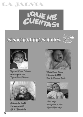 NACIMIENTOS

     Alejandro Martín Cabornero   Mario García Utrera
     19 de marzo de 2008          8 de marzo de 2008
     Hijo de Santi Cabornero      Hijo de Mariano García




                                  Jimena Asenjo
     Ainhoa de Dios Gabaldón
                                  13 de febrero de 2008
     6 de marzo de 2008
                                  Hija de Alfredo Asenjo
     Hija de Alfonso de Dios

34
 