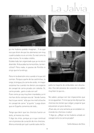 La Jalvia



yo me hubiera podido imaginar… Y es que
eso que dicen de que los alemanes son muy
cuadriculados no es un mito. Es real como la
vida misma. Yo no daba crédito.
Estaba todo tan organizado que ya no era ni
divertido. Yo buscaba los torreznillos, la mor-
cillita!!! Pero nada, ni pastas de Portillo ni
orujo que te la estrujo.


Para mi la diversión vino cuando vi lo que allí
comían. Porque a parte de las salchichas, la
oreja, la lengua y la carne de cerdo, mi mayor
sorpresa fue cuando me dieron una especie              paña la mayoría de embutidos son ahuma-
de canapé de carne picada con cebolla. Sí,             dos. Eso del proceso de curación no saben
carne picada…¡pero cruda con sal!                      muy bien lo que es…
Pues como yo soy muy bien mandada y a mi
me han dicho siempre eso de “donde fueres              No saben, porque son tan impacientes que
haz lo que vieres” allá que me metí al buche           no se aguantan. Y mira que yo les dije que los
mi canapé de carne “al punto” Luego dicen              chorizos los tenían que colgar y esperar que
que en España comemos de todo…                         estuvieran un poco duritos…
                                                       ¡Pues ala, en una semana ya se estaban co-
Tengo que decir que los chorizos fueron un             miendo los chorizos crudos!
éxito, al menos los míos.                              Y digo yo…¡¡Mejor se los hubiera untado en
Y digo los míos, porque yo si que continué             canapé como la carne picada!!
con el proceso de curación de mis chorizos.
Ahora entiendo por qué cuando sales de Es-                                    Sofía Velasco de Dios

                                                  19
 